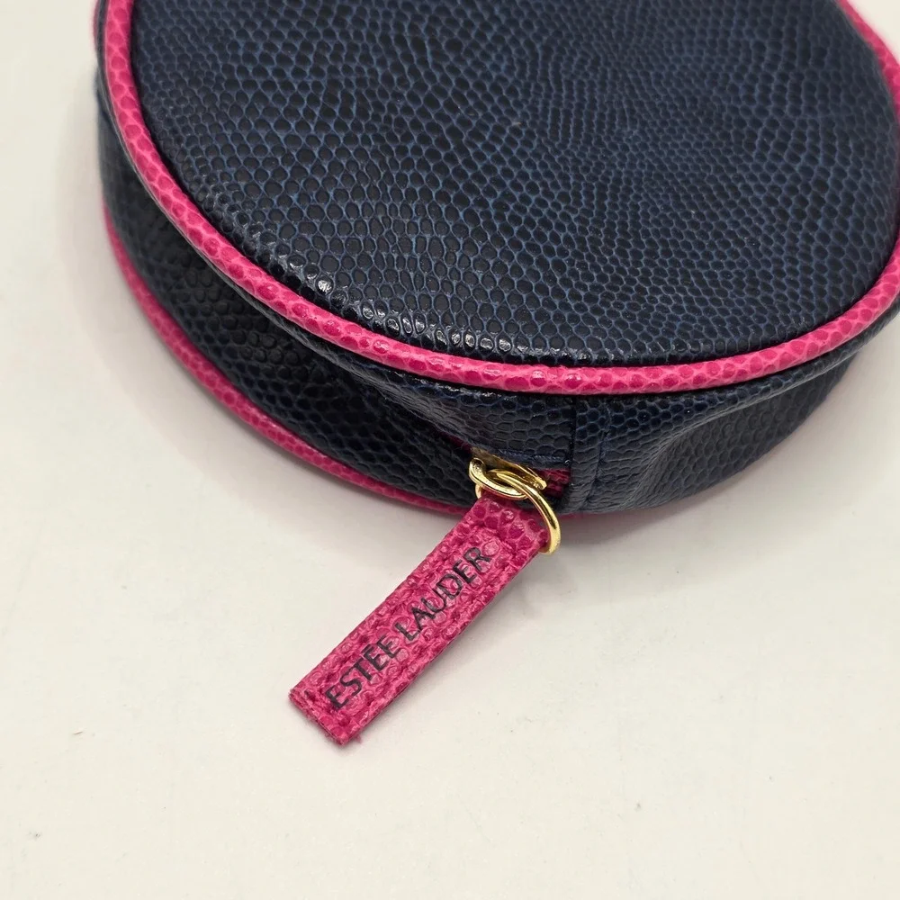 Estee Lauder Cosmetic Pouch Womens Navy Pink Faux Leather Round Travel Makeup‎